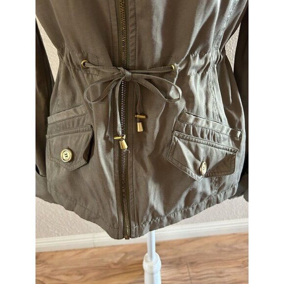 GUESS Women’s Size SM Military Green Trench Rain Coat Jacket Gold Draw String - Picture 4 of 7